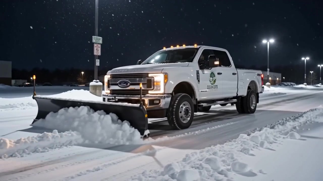 Clean Cuts plow truck clearing a snowy commercial lot at night